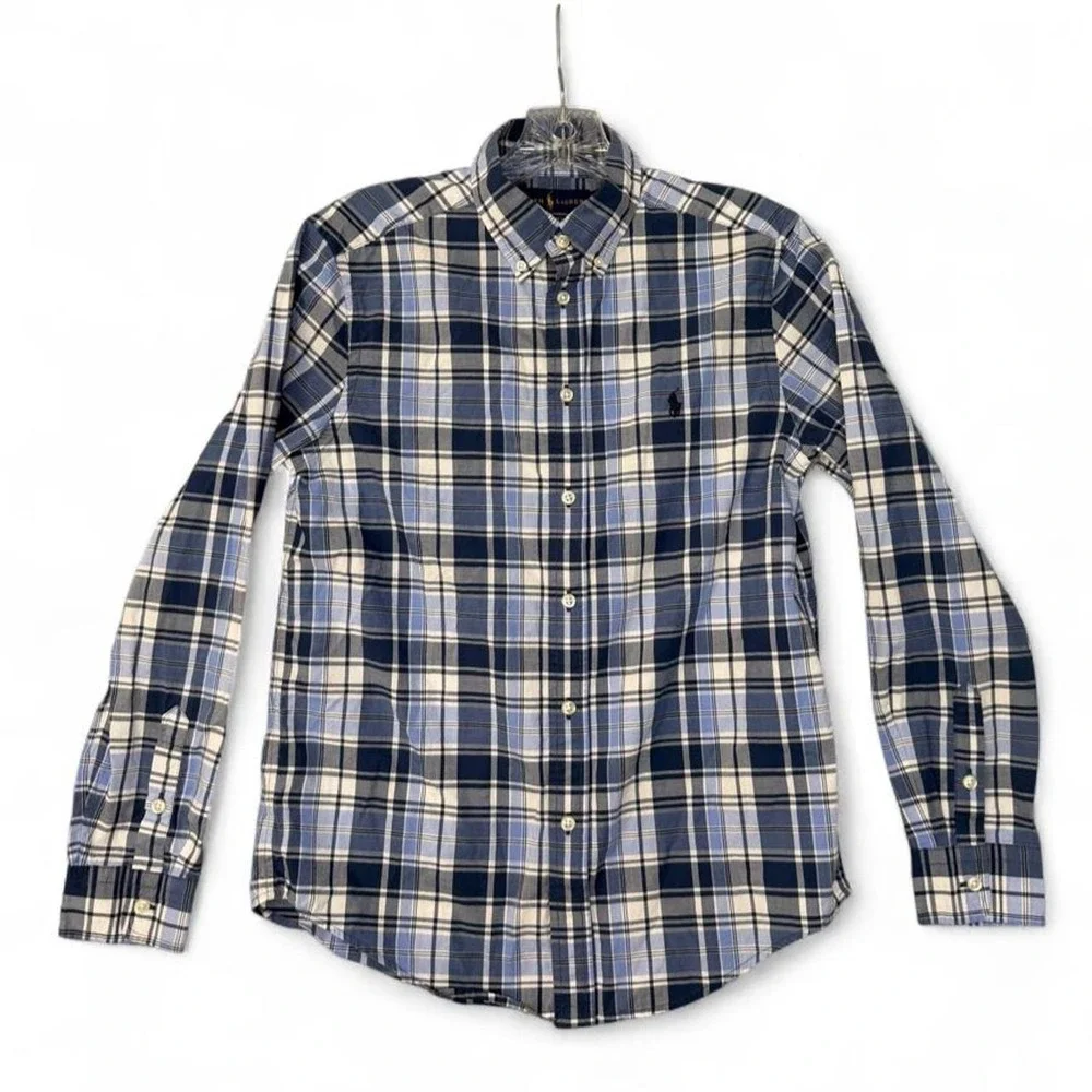 Ralph Lauren Boys Polo L (14-16) Plaid Button Down Shirt Natural Stretch Blue